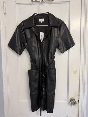 Who What Wear Black Vegan Leather Short-Sleeve Shirt Dress